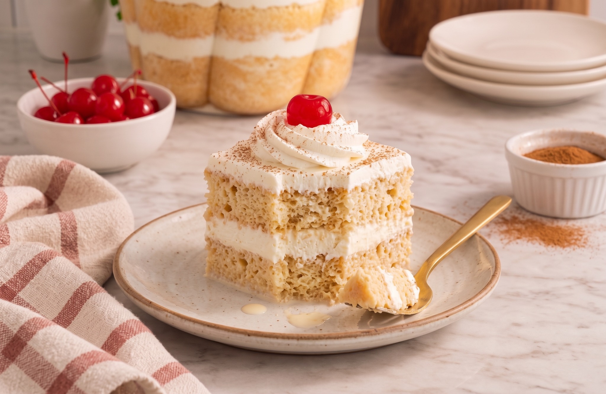 Porción de Tres Leches Tradicional con chantilly y cereza